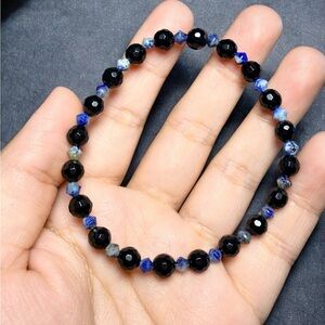6mm Faceted Black Onyx Lapis Lazuli Bracelet Handmade Gemstone Stretch Bracelet